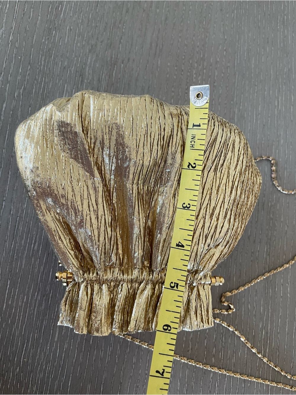 Gold Metallic Ruched Drawstring Wristlet with Chain Strap - Picture 10 of 11